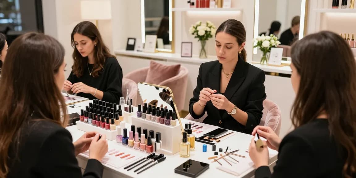 Produk kecantikan LUXURY12 ditampilkan di salon mewah dengan pelanggan terlibat.
