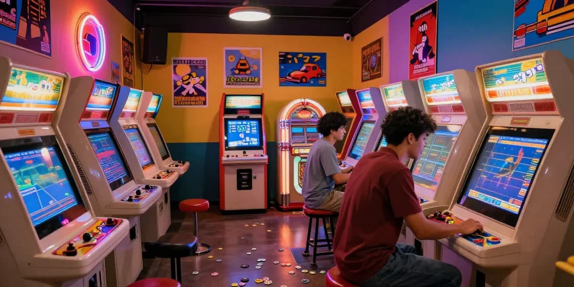 Pengalaman bermain game klasik dengan lazadatoto di arcade penuh warna dan suasana nostalgia.