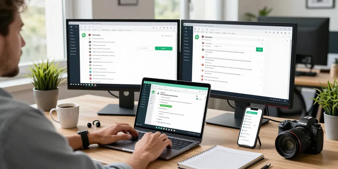 Engaging workspace showcasing WhatsApp網頁版 on a laptop with chat notifications and phone messages.