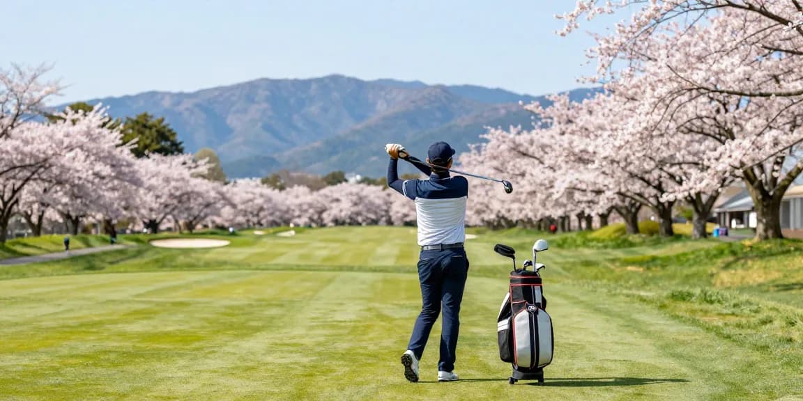 Pemain golf menikmati lapangan golf di Kato City dengan pemandangan indah dan bunga musim semi, bro178 link alternatif, pengalaman golf yang menenangkan.