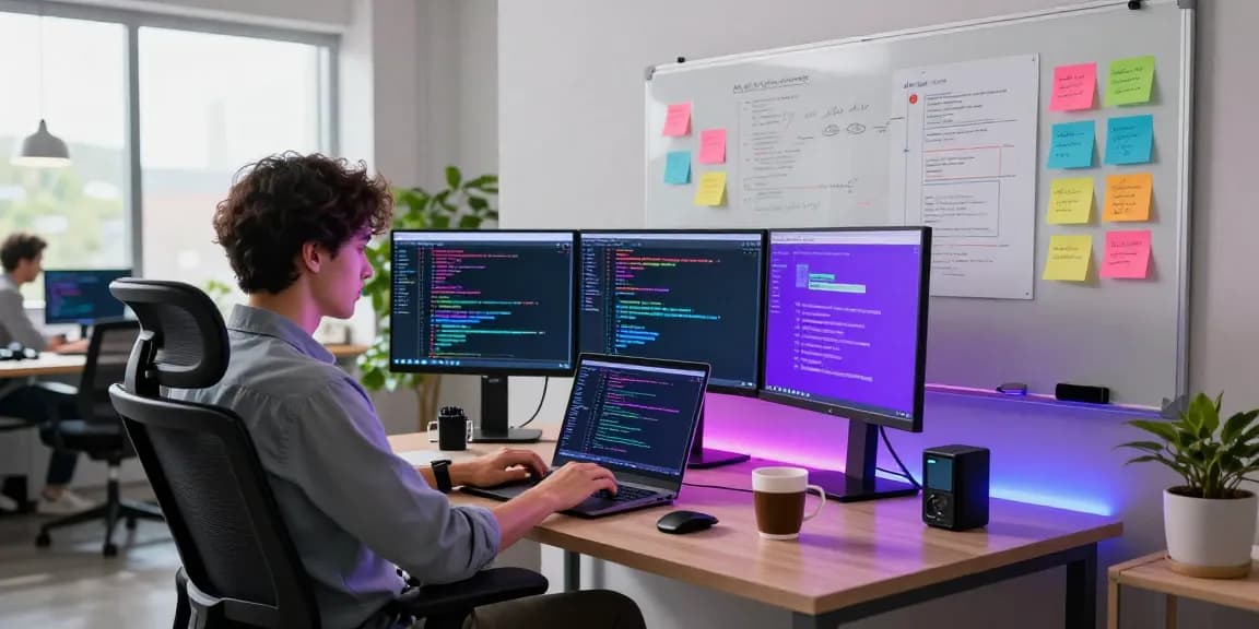 AI NSFW chat development scene with programmer coding in a vibrant digital workspace.