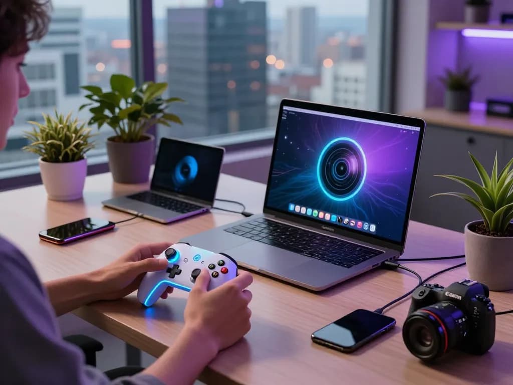 Unique tech gadgets displayed in an inspiring workspace with vibrant lighting and devices.