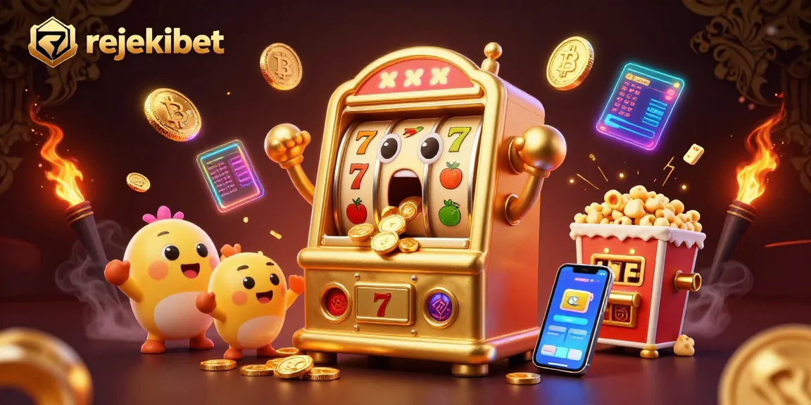 Experience the excitement at rejekibet with a golden slot machine hitting jackpots amidst coins and prizes.