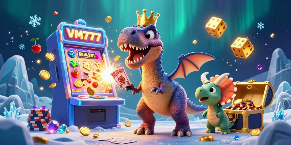 Experience the excitement of VM777 with a vibrant casino scene featuring playful dinosaur characters amidst flying slots and jackpots.