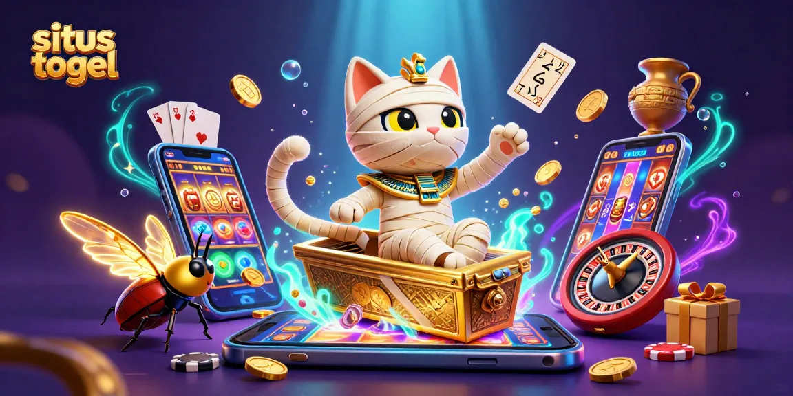 Menyaksikan situs togel berbentuk 3D dengan kucing mummy mesir dan elemen kasino berkilauan.