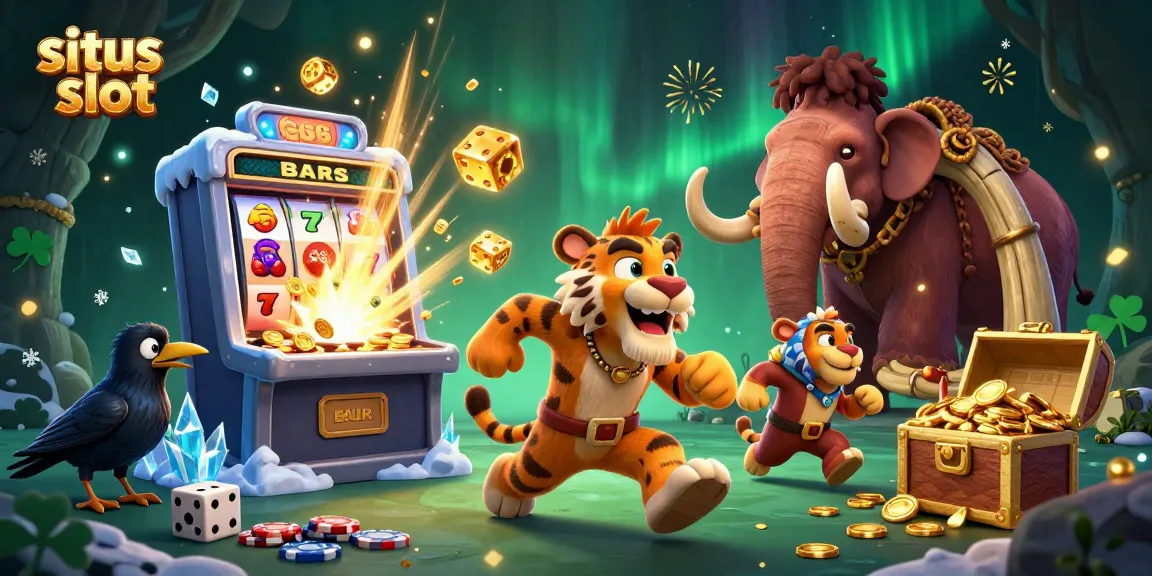 Experience the thrilling situs slot features with a vibrant 3D illustration of a prehistoric casino bursting with action.