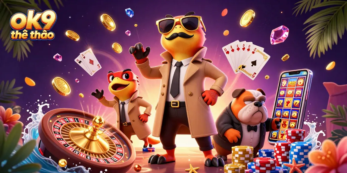 Experience the thrill of ok9 thể thao with dynamic raptors entering a casino lounge amidst golden coins and game elements.