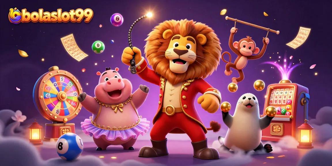 Bolaslot99 features a 3D cartoon lion, hippo, and monkey surrounded by vibrant gaming elements.