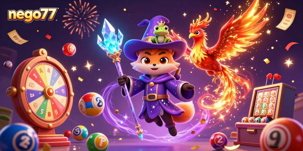 Nego77 brings excitement alive with colorful lottery balls, spinning prize wheels, and a mystical wizard fox.
