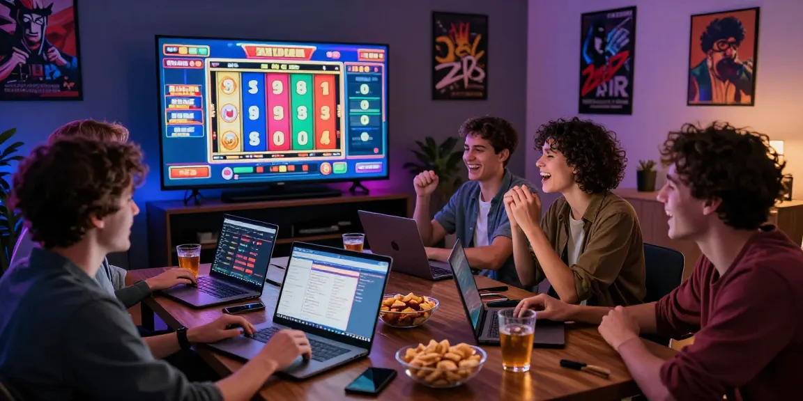 Friends enjoying a slot online game in a lively virtual casino setup.