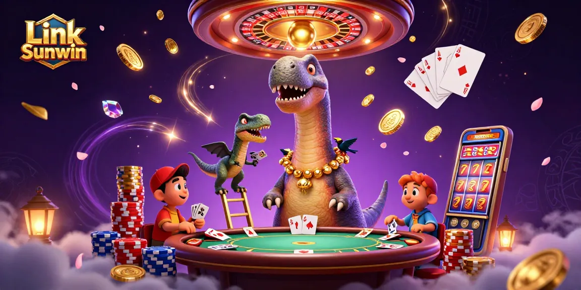 Win big with Link Sunwin in an immersive 3D casino experience featuring playful dinosaur characters.
