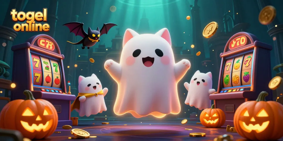 Menggiurkan pengalaman togel online dengan gambar kartun lucu dari kucing hantu dan elemen kasino yang dinamis.