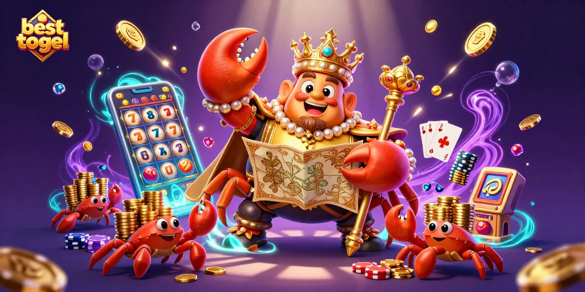 Experience excitement with besttogel in this vibrant visual of a golden crab emperor amidst casino symbols.