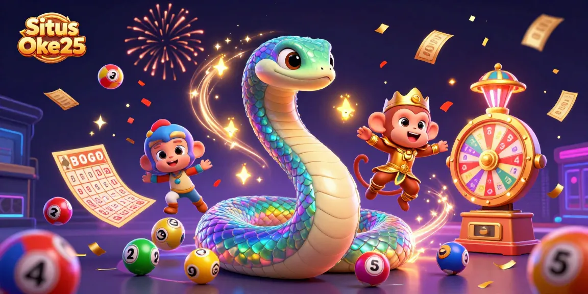 Situs Oke25 menghadirkan ilustrasi permainan kasino yang meriah dengan karakter ular pelangi dan raja monyet yang bermain.