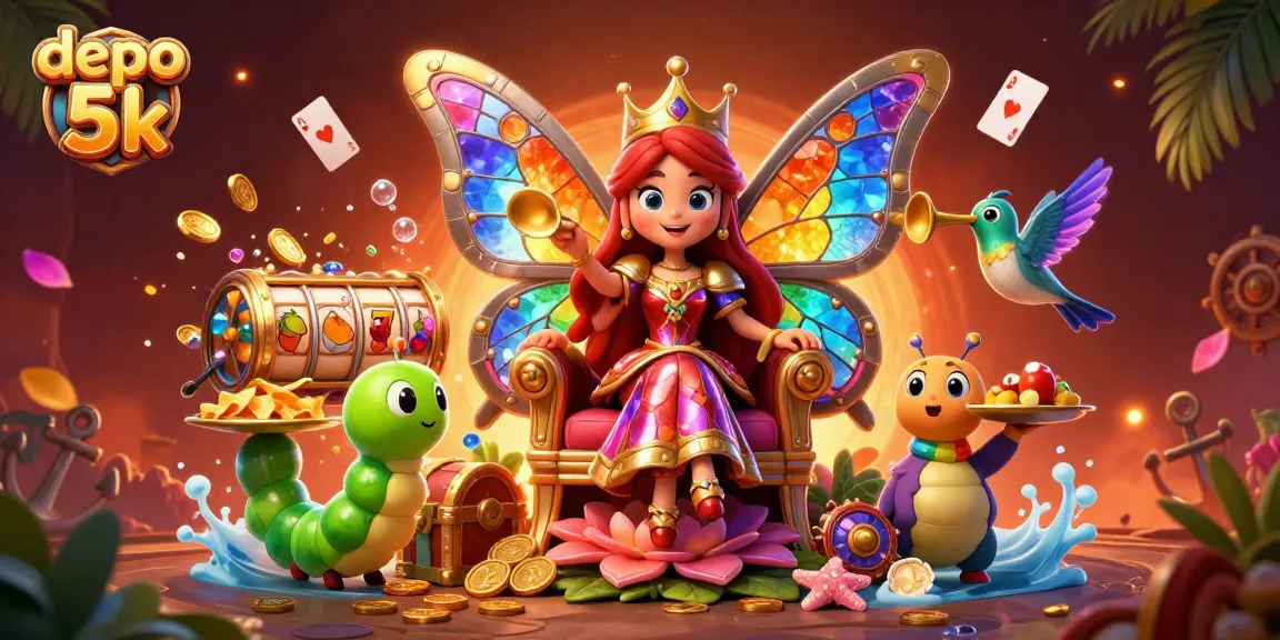Exciting gameplay with depo 5k slots in vibrant casino scene featuring butterfly queen.