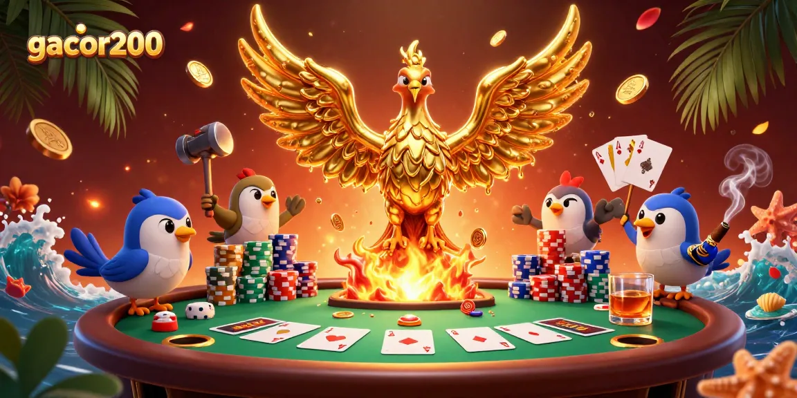 Permainan slot gacor200 dengan phoenix emas dan chip poker berwarna-warni.