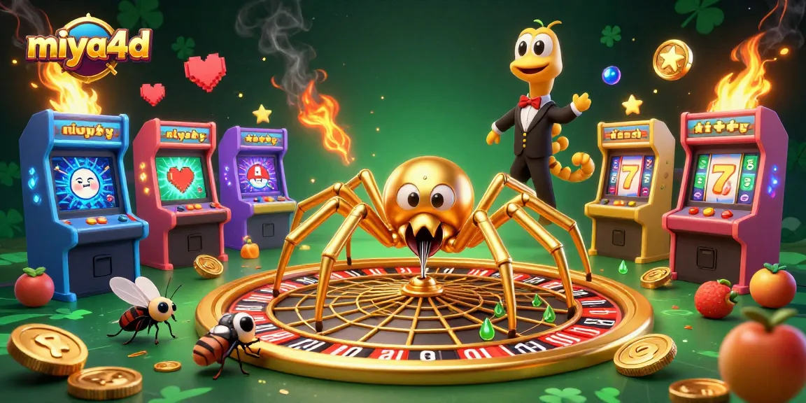 Miya4d participants place bets at a vibrant casino featuring a golden roulette wheel and game machines.