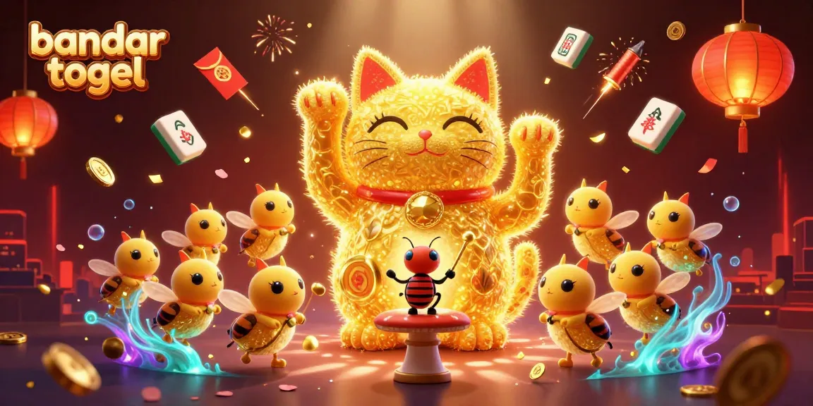 Permainan bandar togel yang menarik dengan kucing beruntung dan elemen kasino berkilau.
