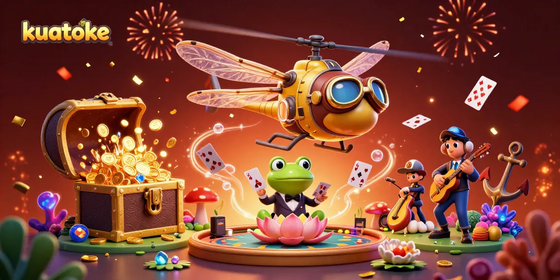 Kuatoke showcases a lively casino scene with a dragonfly pilot and frog dealer amidst vibrant festivities.