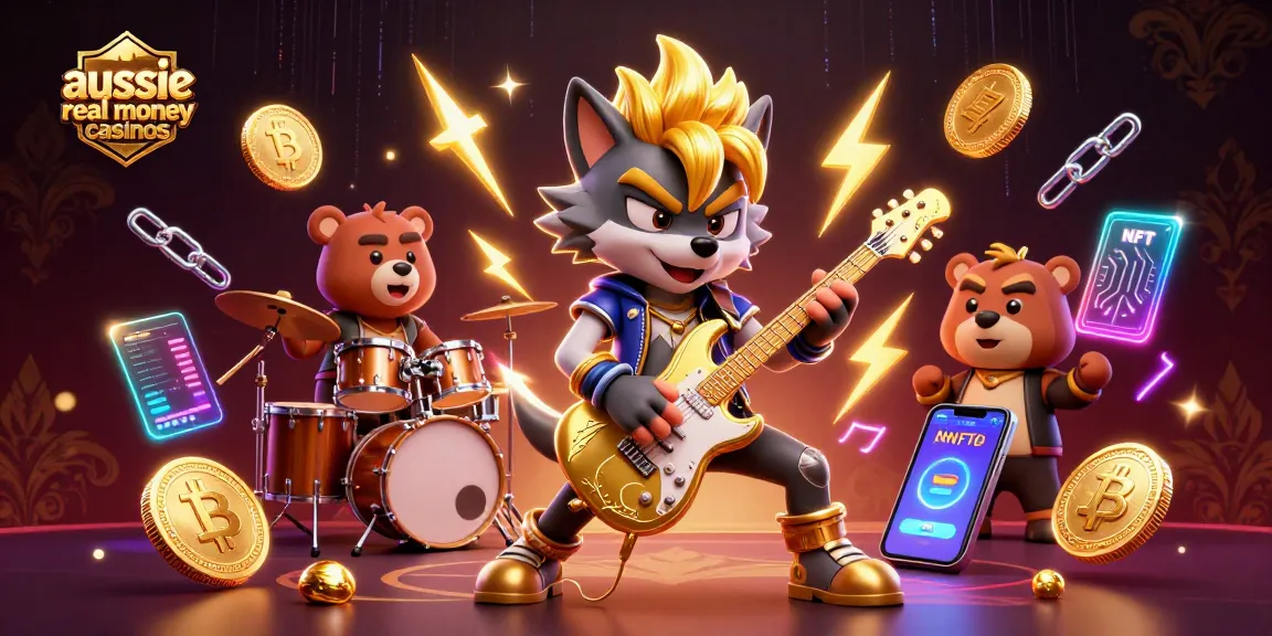 A dynamic scene highlighting aussie real money casinos with a rock star wolf and drummer bear surrounded by cryptocurrency and casino elements.