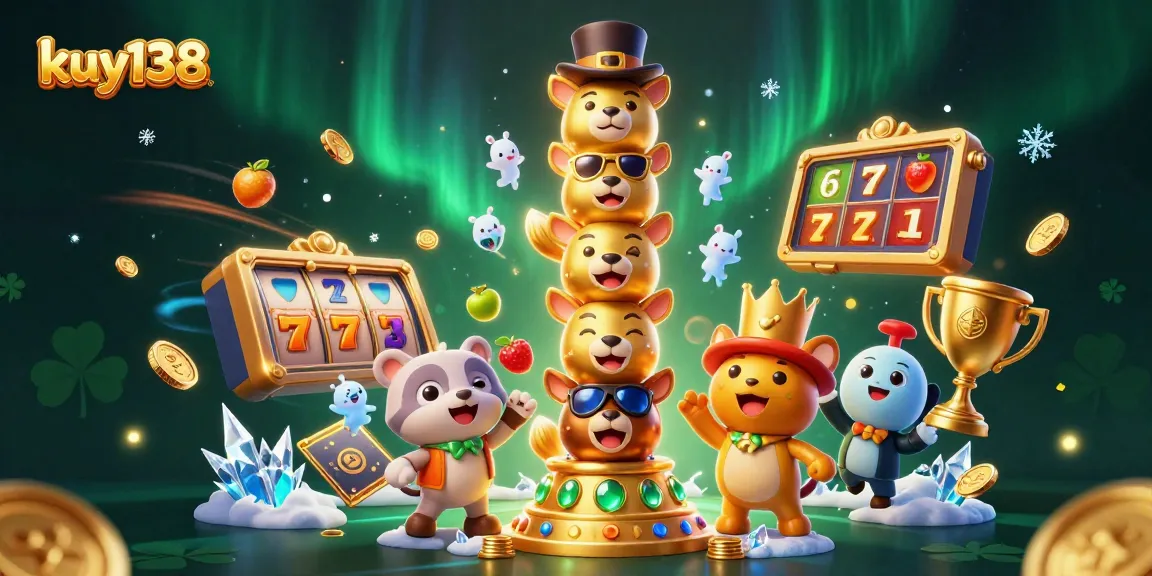 Menangkan jackpot dengan kuy138, ilustrasi 3D totem emas dan slot kasino menyala.