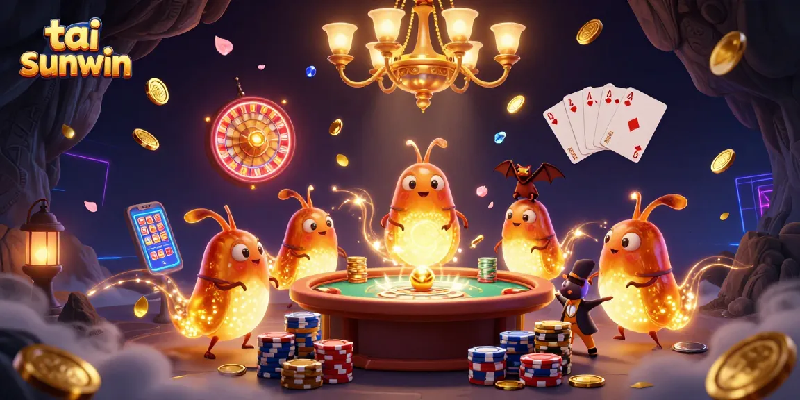 Play slots at tai sunwin while enjoying a vibrant 3D casino scene with glowing characters and rolling jackpots.