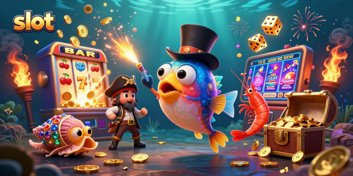 Catch thrilling slot wins with a deep-sea anglerfish and treasure crew in this vibrant casino scene.