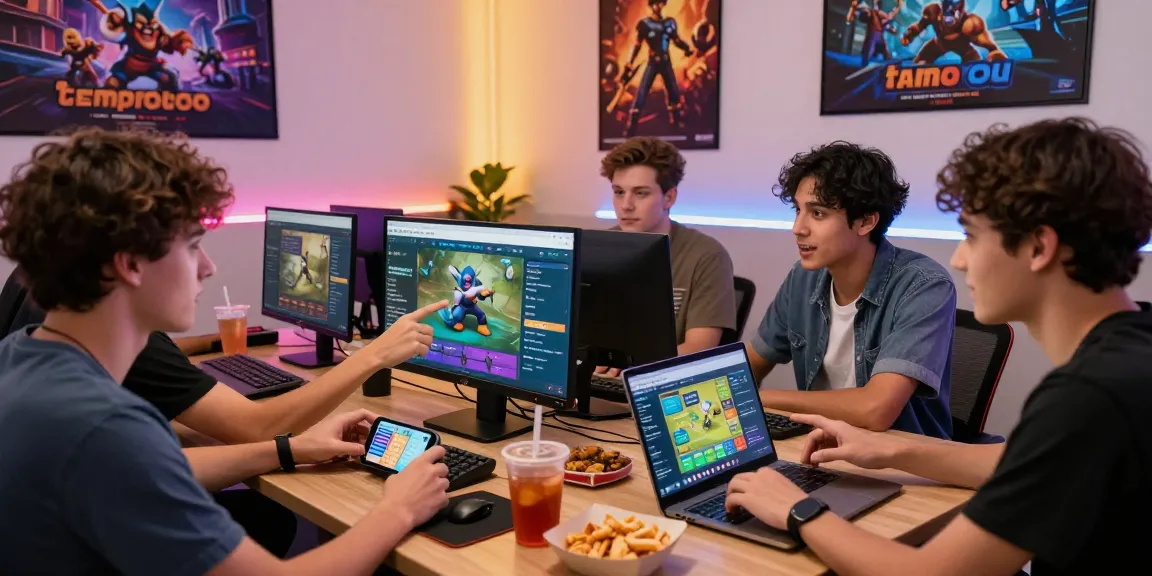 Friends excitedly strategizing for a game on tempototo surrounded by snacks and tech.