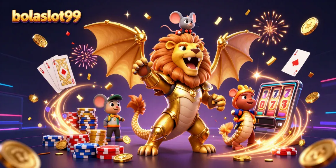 Bolaslot99 showcases an exciting casino scene with a winning chimera and vibrant game elements.