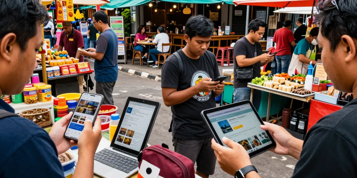 Warga mengeksplorasi informasi lokal Leci123 Daftar di area kota yang ramai dengan kios makanan dan produk lokal.