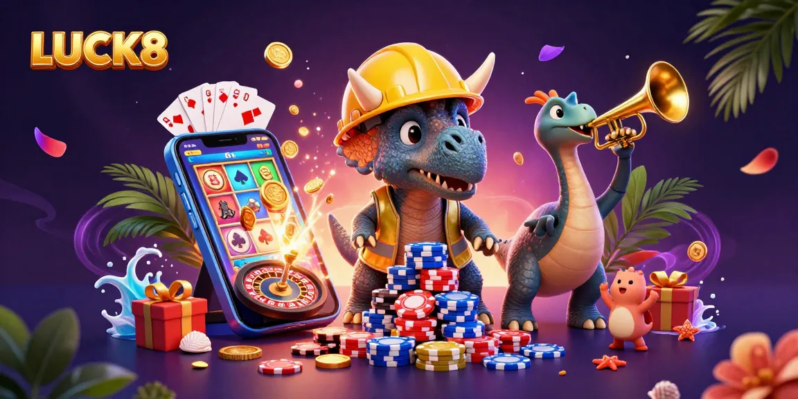 LUCK8 energizes players with a vibrant casino scene featuring a triceratops building poker chip towers.