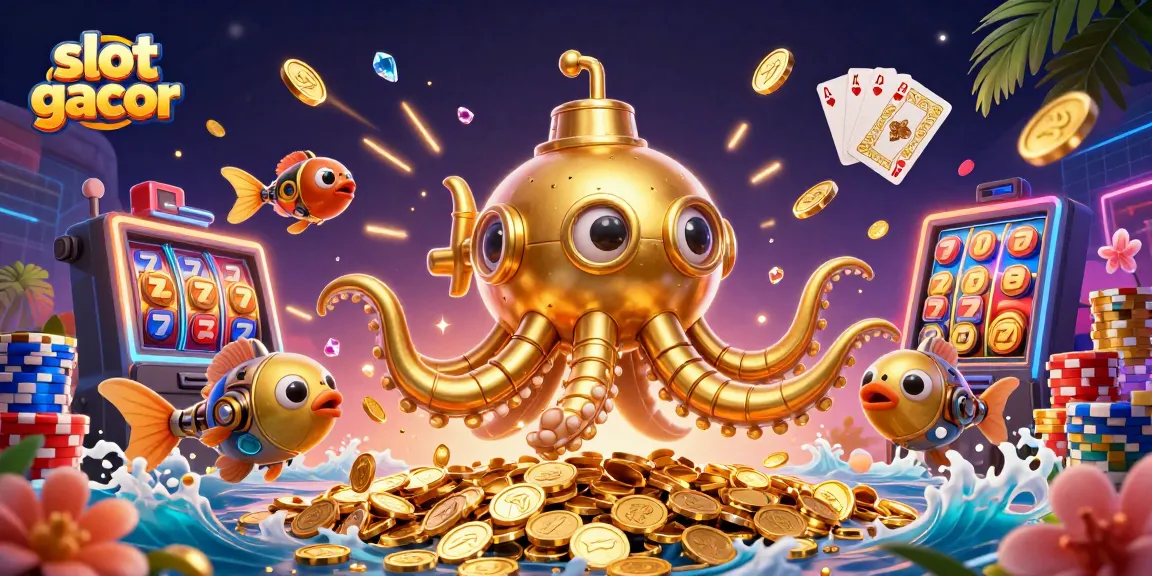 Menang besar dengan slot gacor yang menampilkan koin emas berkelap-kelip dan mesin slot keberuntungan.