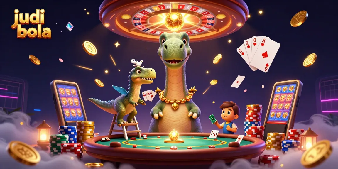 Bettors enjoying judi bola action as a giant brontosaurus oversees a lively poker scene.