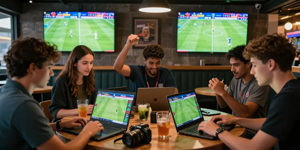 Exciting tempototo sports betting scene with users engaged in mobile betting during World Cup.