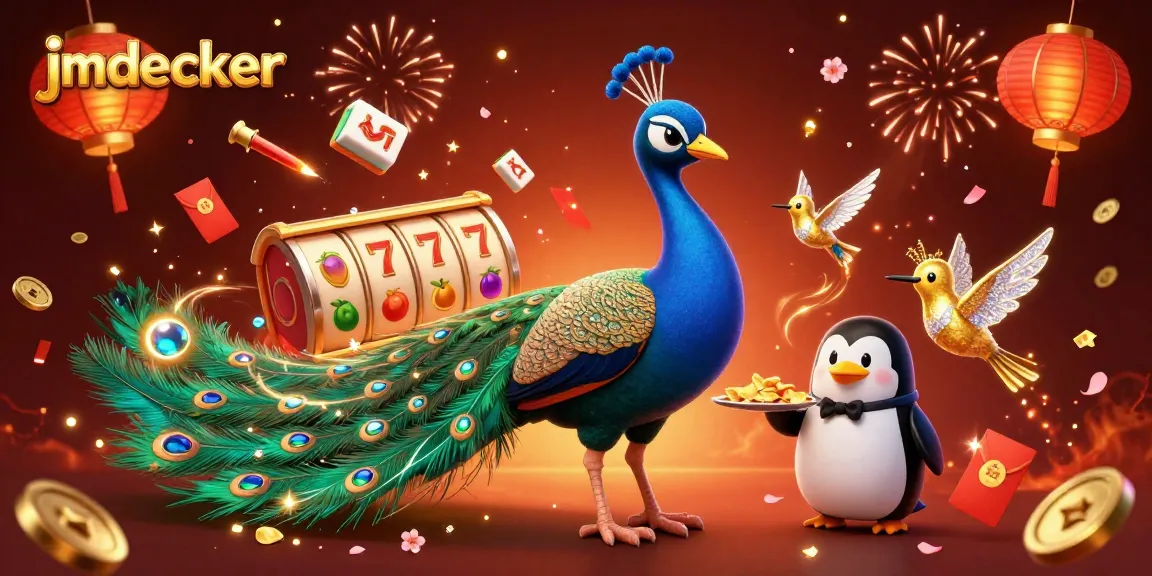 Experience winning with jmdecker at a vibrant casino scene featuring a peacock, penguin, and hummingbird.