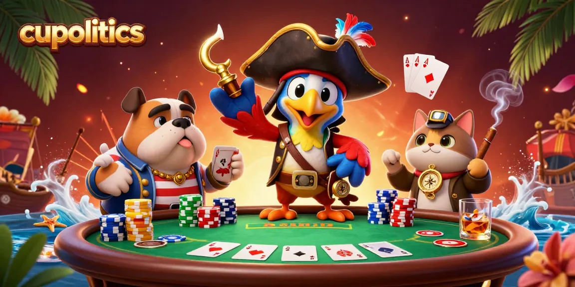 Memenangkan permainan poker bersama cupolitics dengan karakter berwarna-warni di meja hijau.
