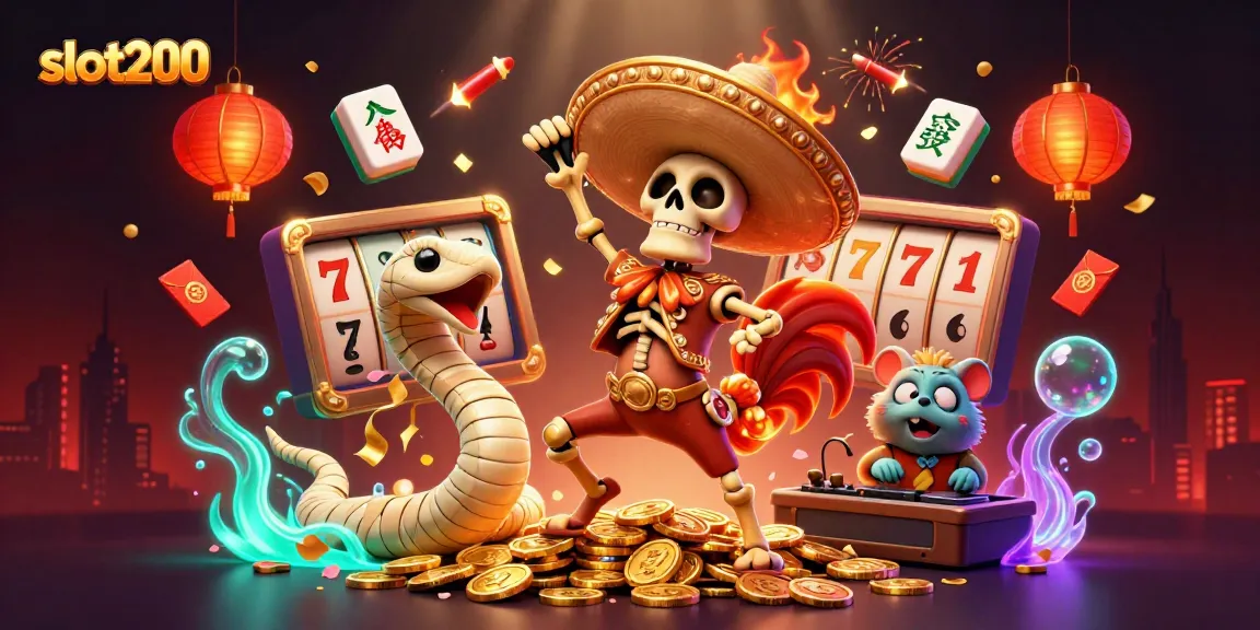 Jelajahi slot200 dengan karakter kasino unik: ayam mariachi, ular mummy, dan hamster DJ di tengah koin emas.