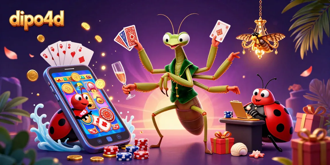 dipo4d showcases an exciting casino scene with a praying mantis dealer and ladybug pit boss.