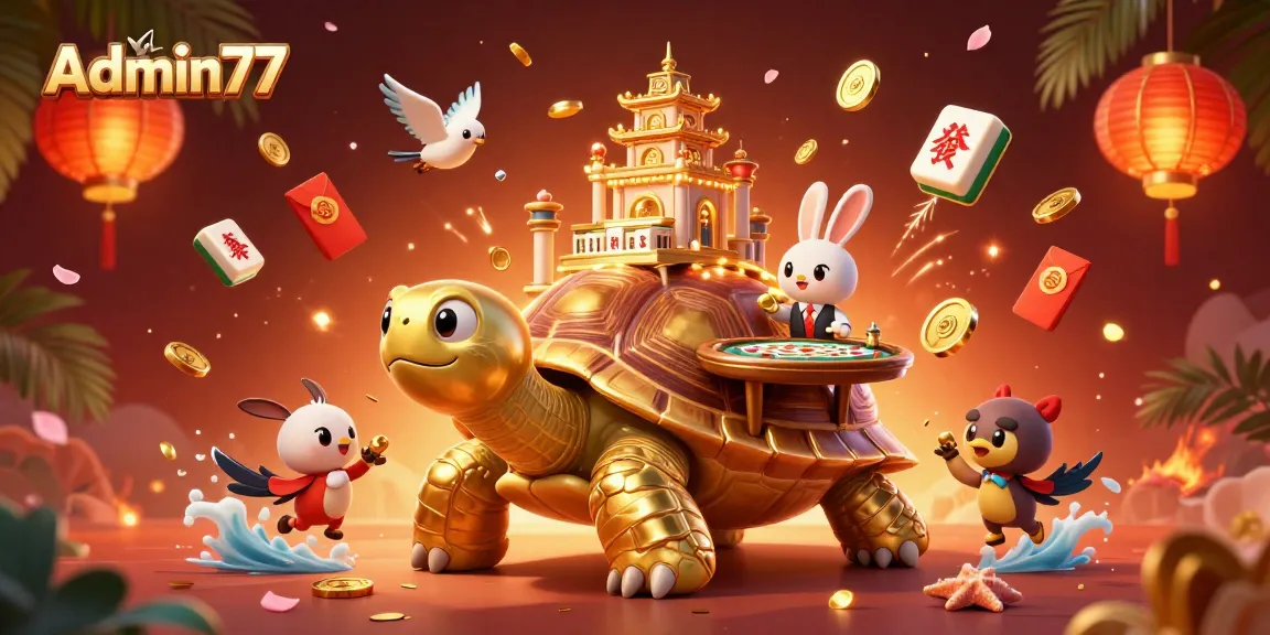 Admin77 offers a vibrant casino experience with immersive gameplay, featuring a golden tortoise and dynamic elements.