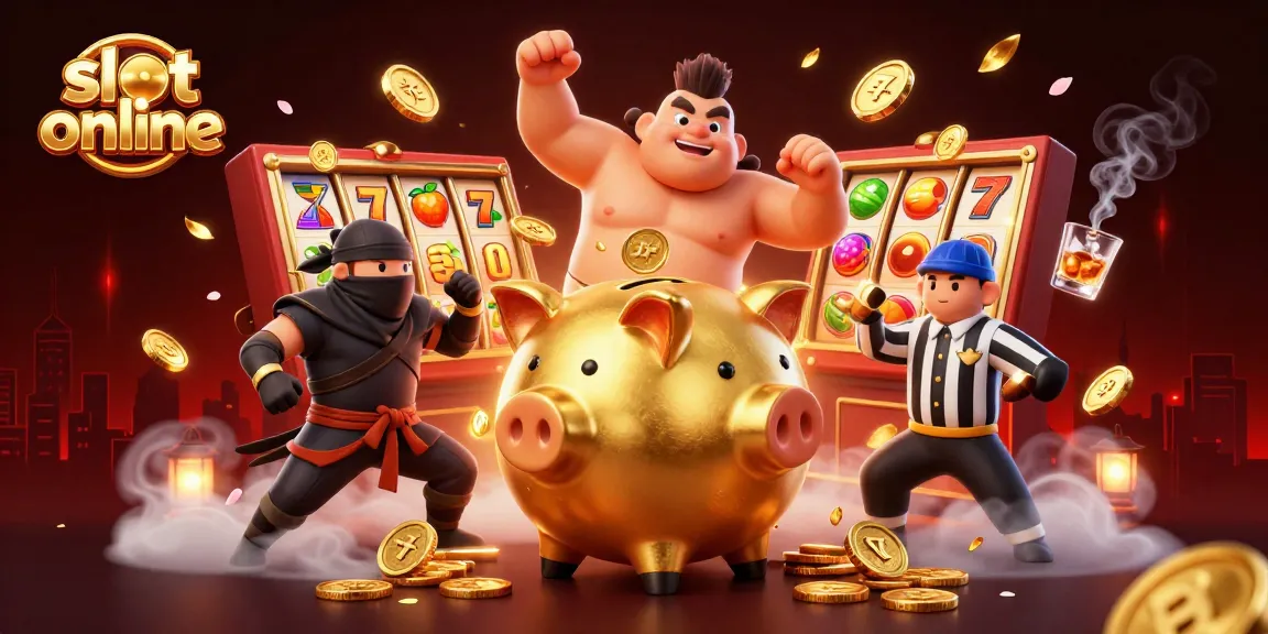 Engage with slot online excitement through a dynamic 3D illustration featuring a sumo wrestler, ninja, and samurai amidst vibrant game symbols.