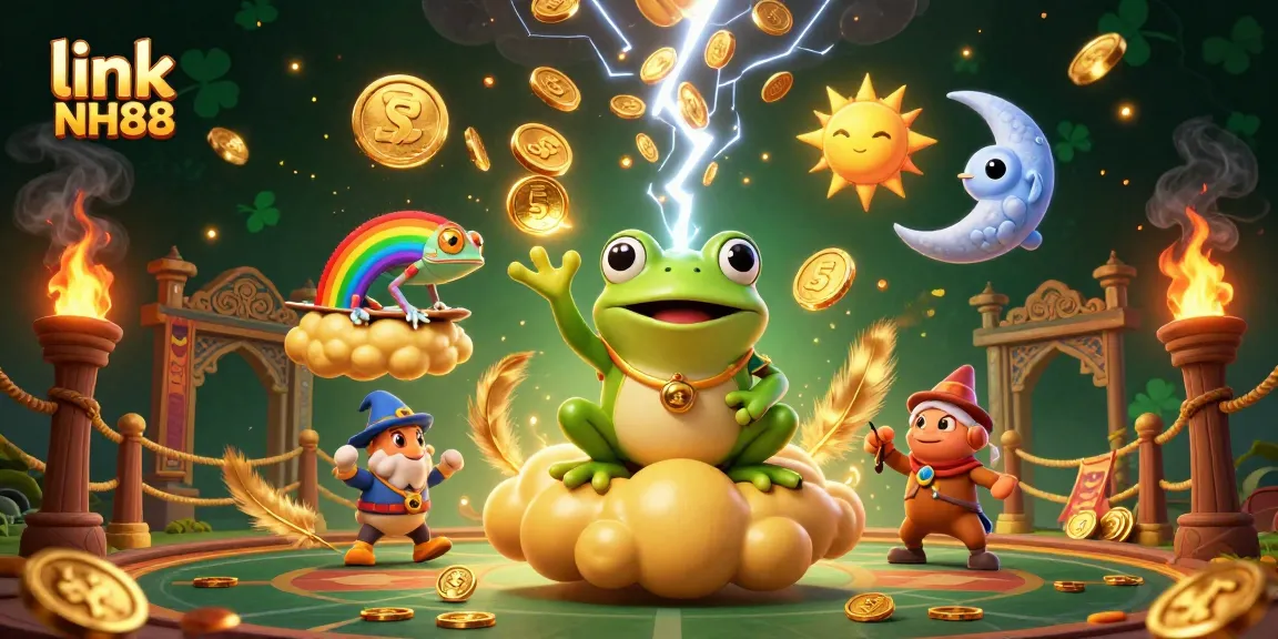 Play exciting games at link NH88 with vibrant casino dynamics, golden coins, and magical characters.