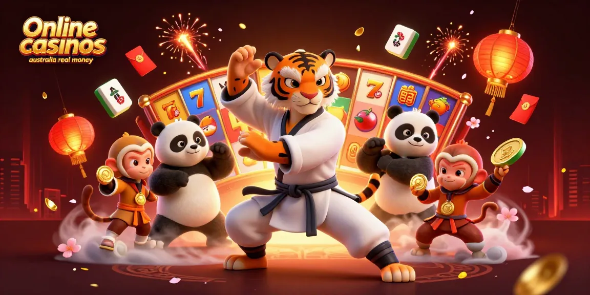Experience excitement in online casinos Australia real money with a kung fu tiger and friends amidst slot reels and vibrant elements