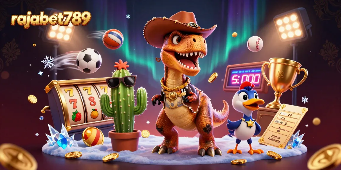 Gali jackpot dengan rajabet789, menggambarkan dino cowboy dan teman dalam permainan slot yang menegangkan.