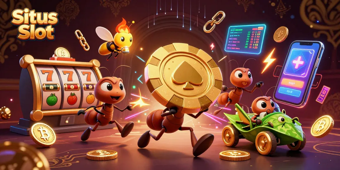 Situs Slot themed illustration with cartoon ants carrying a giant poker chip in a casino heist.