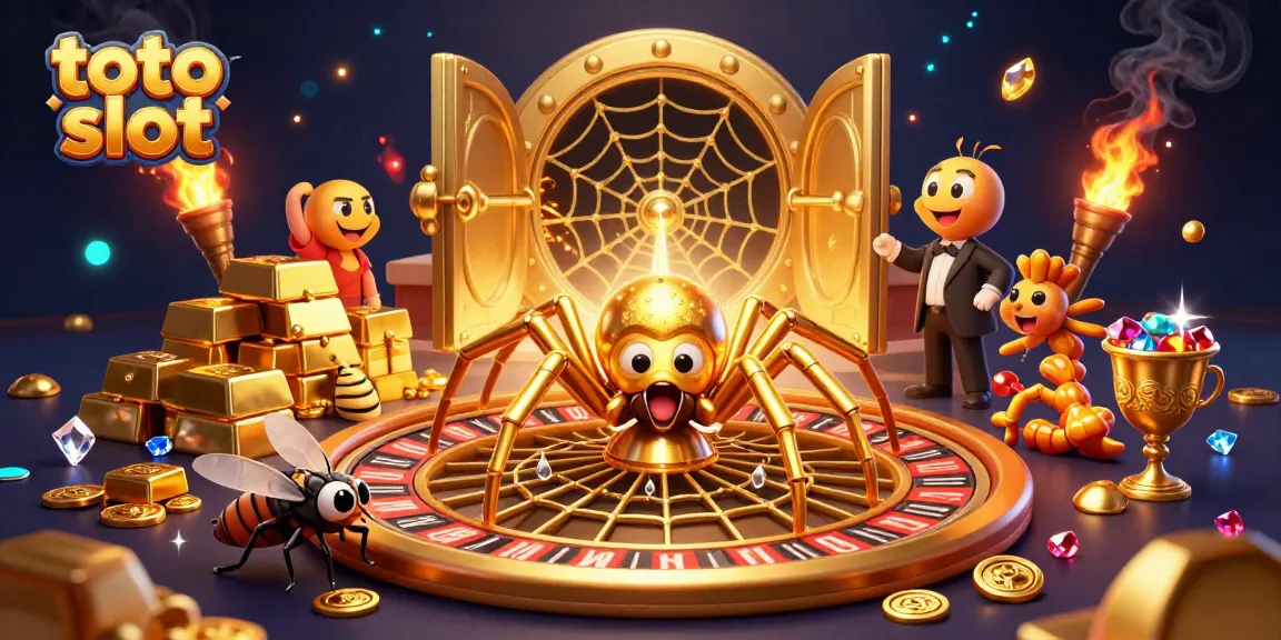 Menarik di toto slot dengan laba-laba emas dan roda roulette berkilau di antara tumpukan harta karun.