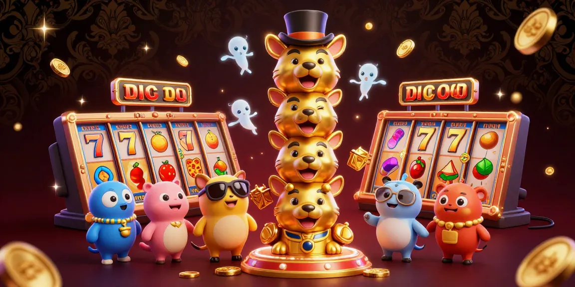 tokyo99 menyajikan suasana kasino dengan totem bergaya 3D yang dikelilingi oleh simbol slot yang menarik.