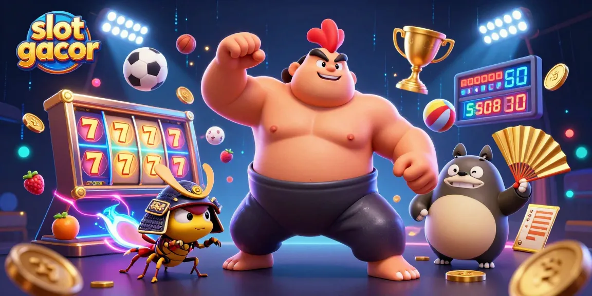 Slot gacor menarik perhatian dengan ilustrasi kartun 3D sumo dan elemen permainan yang menghibur.