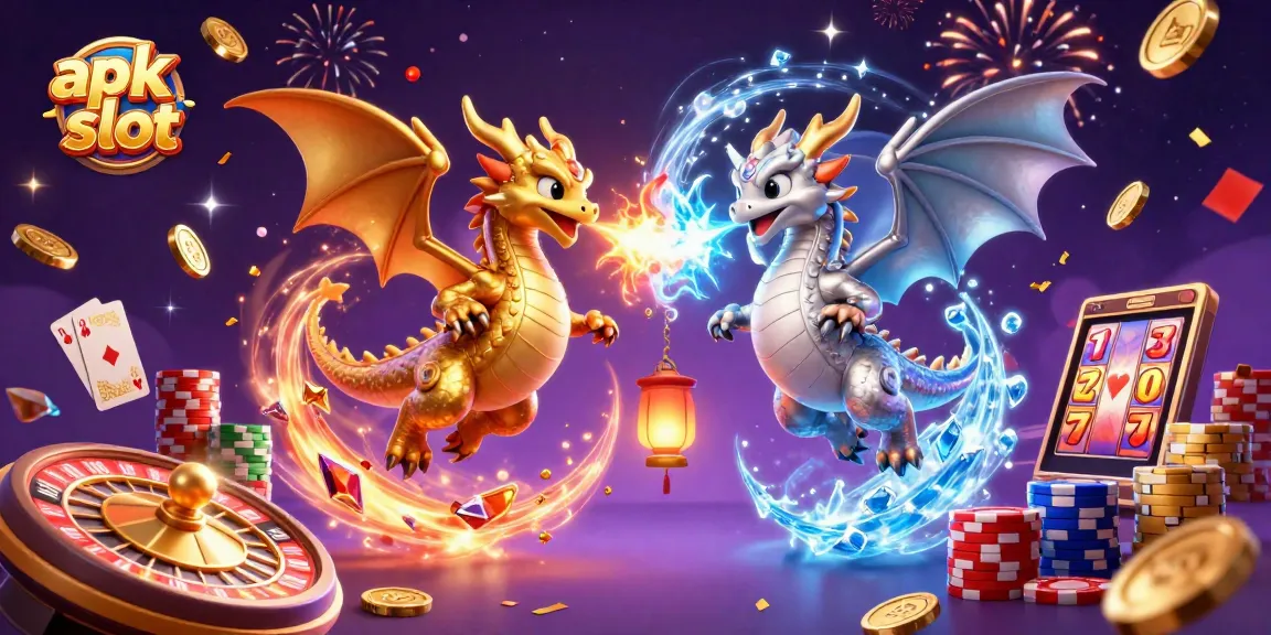 Menyaksikan keseruan apk slot dengan dua naga 3D berwarna emas dan perak melawan elemen api dan es di tengah koin emas berjatuhan.