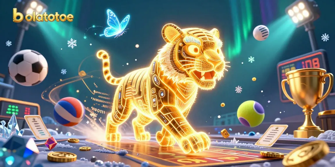 Experience bolatotoe in an electrifying digital casino landscape filled with gold, sports elements, and holographic characters.